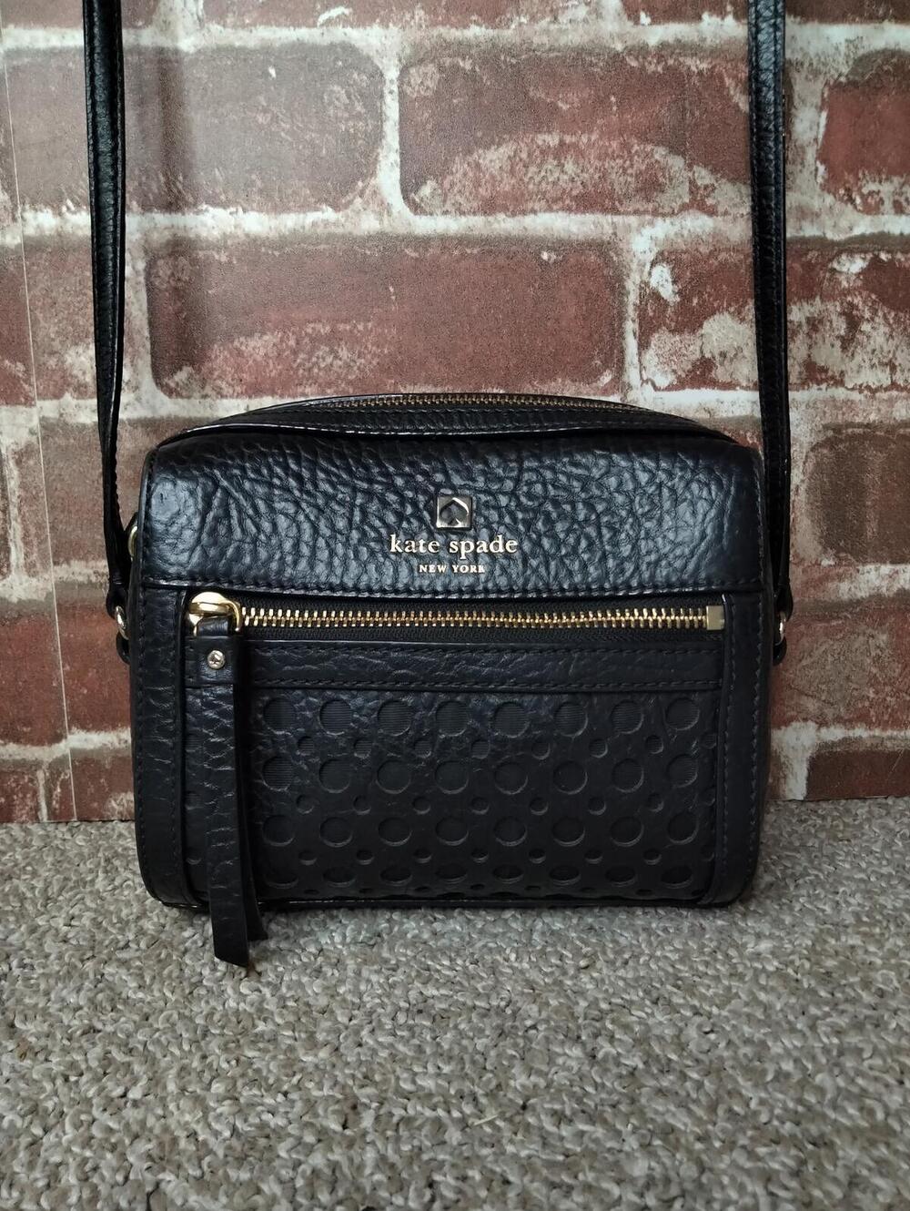 Kate Spade Arbour Hill Crossbody Black Perforated Leather Camera Bag Purse
